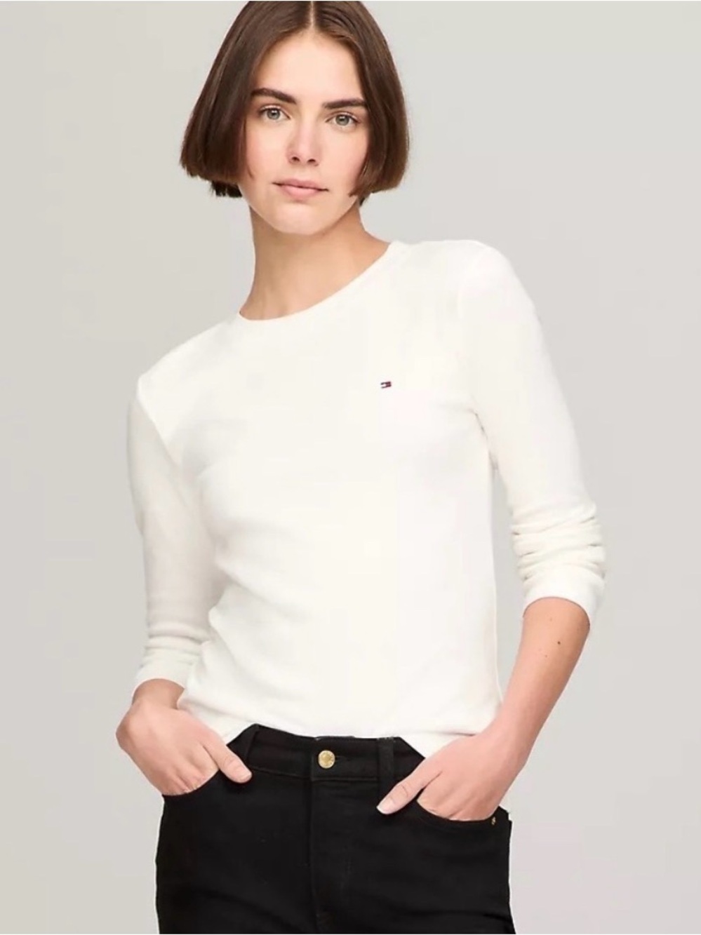 Tommy Hilfiger Women's White Long Sleeve Crew Tee with Embroidered Chest Logo L
